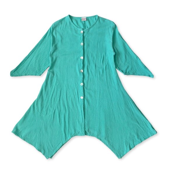 Oh My Gauze! Button Up Teal Tunic Short Dress Handkerchief Whimsical Lagenlook - Picture 4 of 12